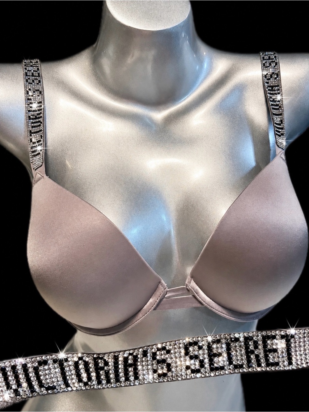 Victorias Secret Shine Strap spellout rhinestone bling bra Very Sexy Push-up 32D